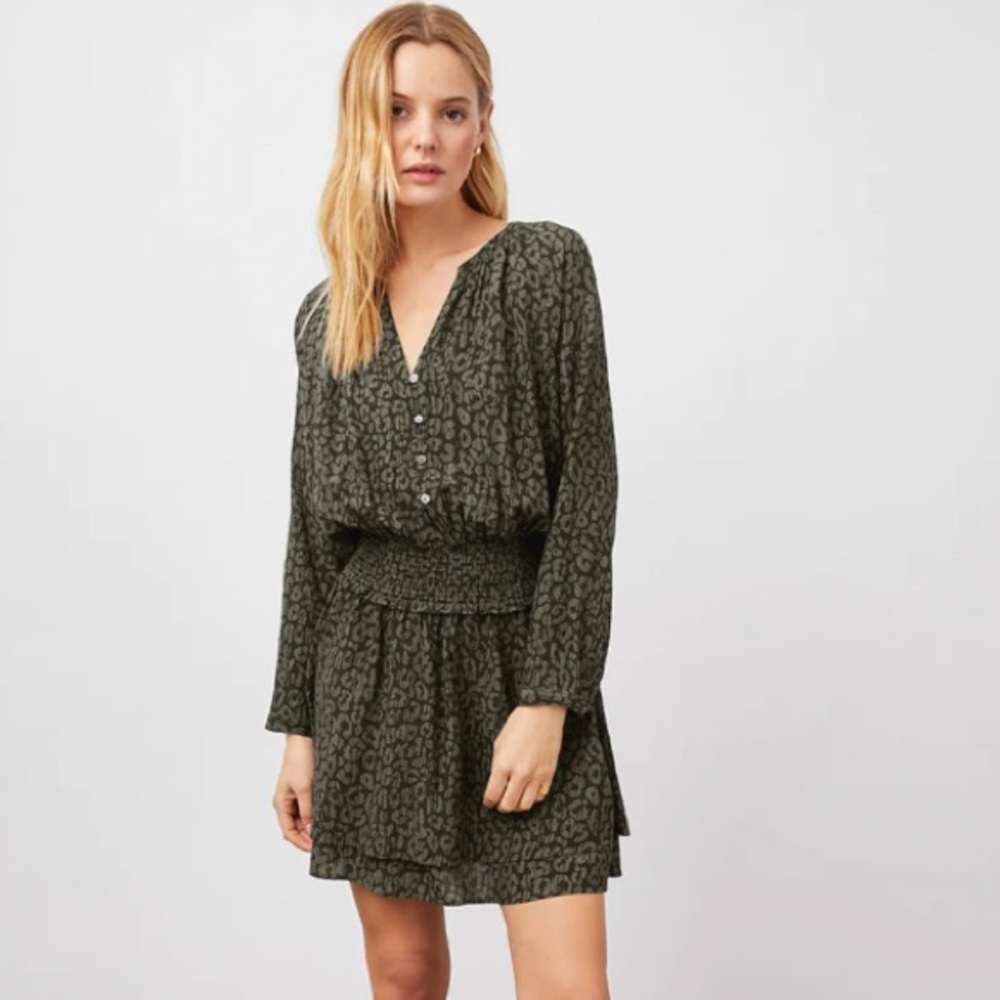 Rails Jasmine Dress Olive Batik Cheetah Print Smocked Waist Tiered Ruffle